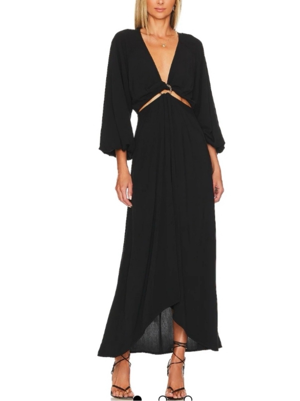 L’Space Collette Plunge Black Maxi Dress with Front Ring Cutout